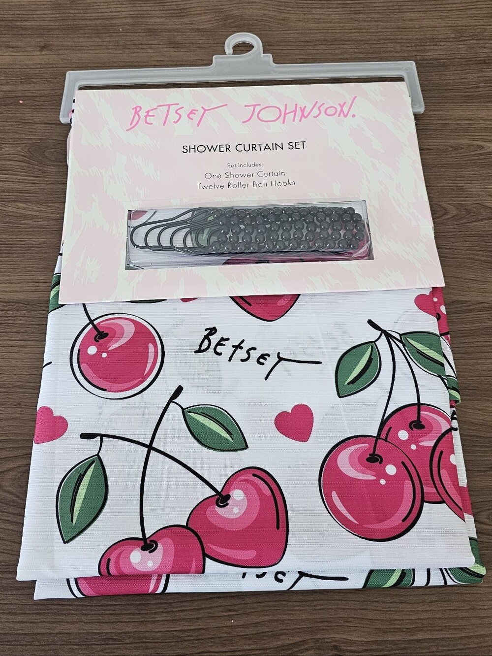 Betsey Johnson Pink Cherry Shower Curtain And Hooks Set